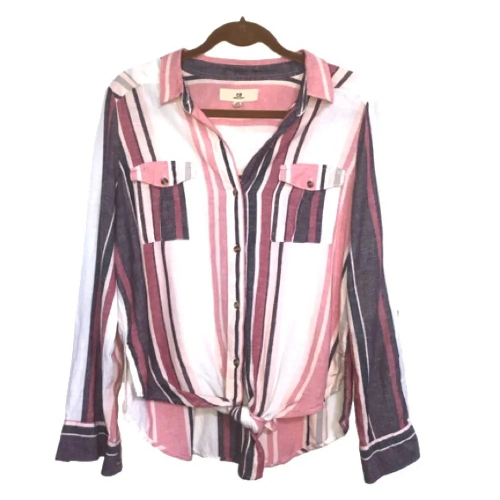 Thread&Supply Shirt Blouse  Top L Striped Pink Cream Button Up Tie Hem